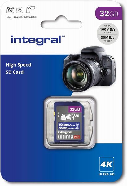 Integral 32GB High Speed SDHC Memory Card, Class 10 UHS-I U3 V30 100MB/s Read